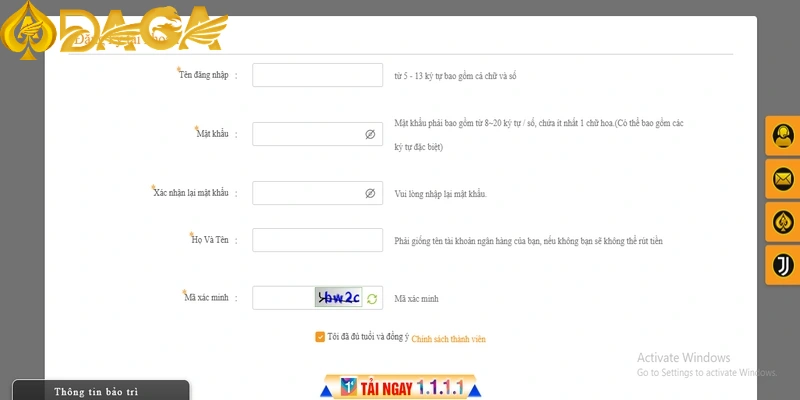 Cung cấp đủ thông tin vào biểu mẫu khi đăng ký tài khoản DAGA